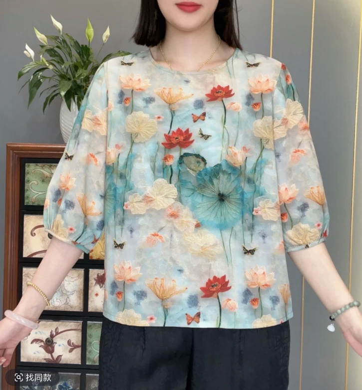 荷塘月色妈妈装上衣小衫 中老年圆领半袖