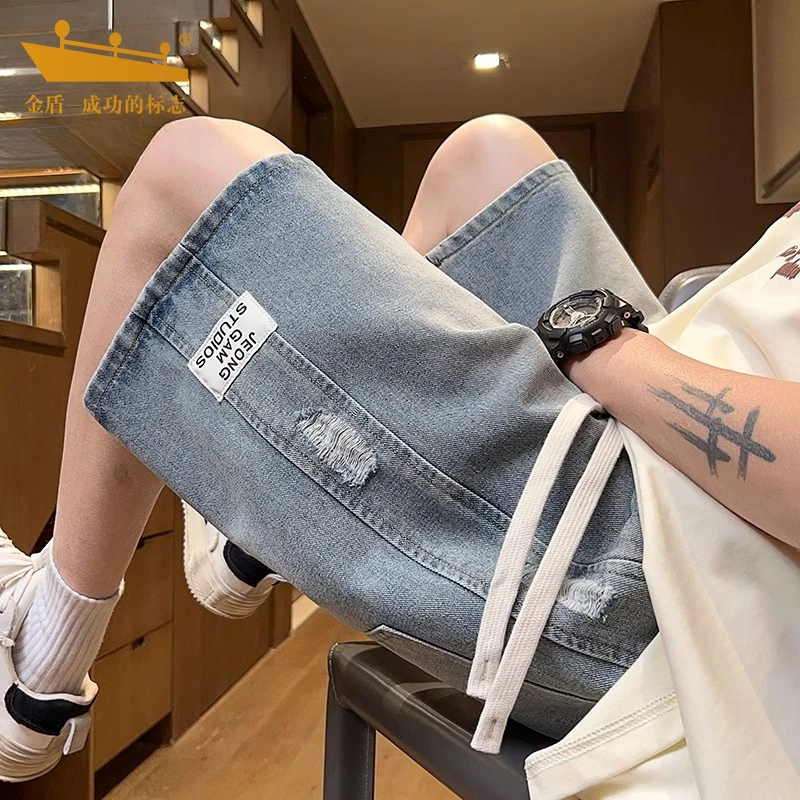 金盾牛仔短裤男款夏季薄款侧边破洞中裤美式高街宽松直筒五分裤