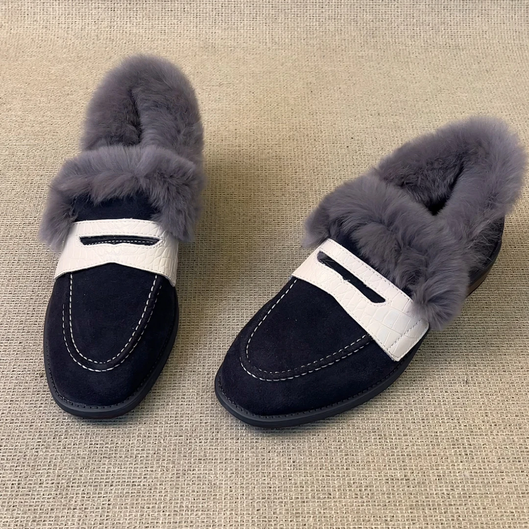 RubyL/3.5cm法式时尚学院风通勤舒适圆头粗跟保暖加绒乐福鞋女款