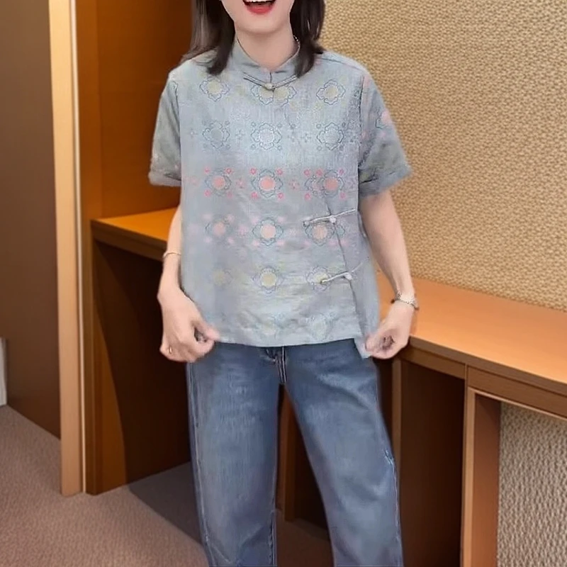 【大爱美依缘】新款新中式别致复古短袖小众上衣牛仔裤女装两件套