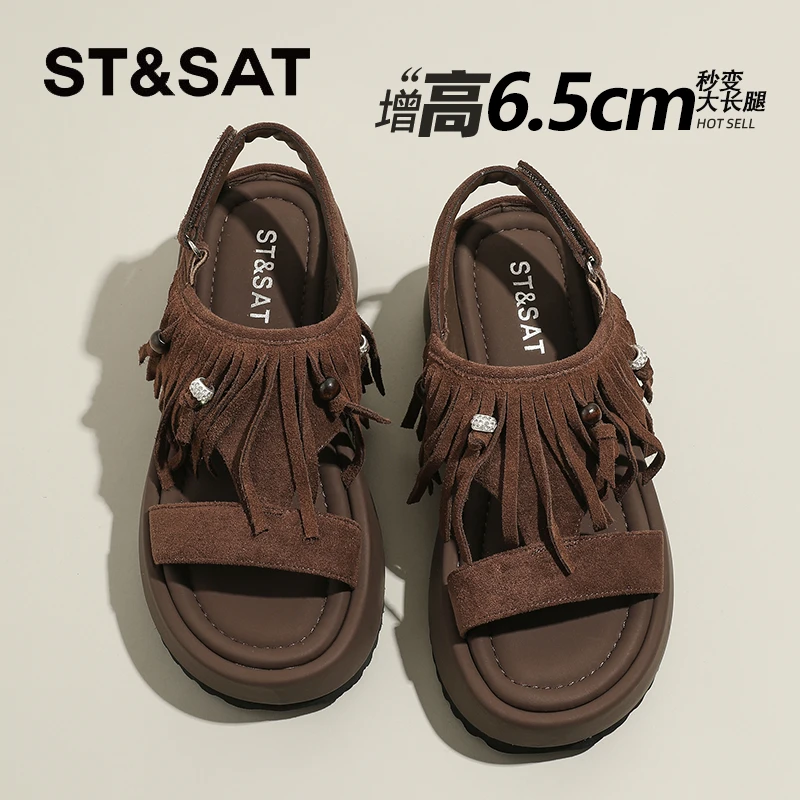 星期六复古琥珀流光露趾凉鞋女新款秋季流苏串珠一字带罗马凉鞋