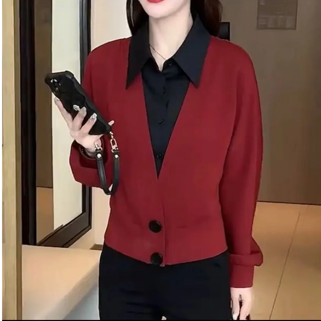 假两件拼接设计感长袖气质百搭衬衫2025春季新款洋气显瘦小衫