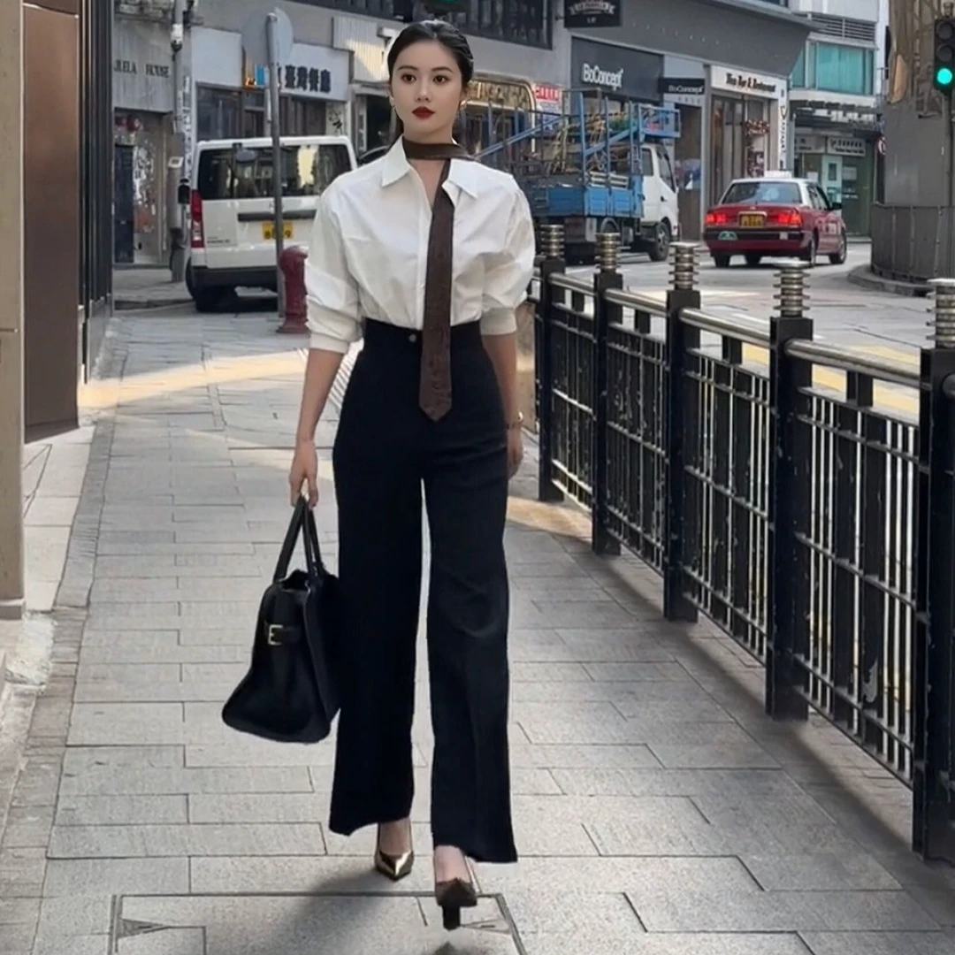 2025春夏季韩系时尚舒适纯欲风长袖衬衫上衣设计百搭显瘦高腰长裤