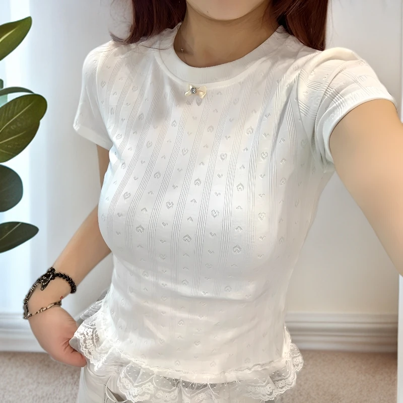 仿棉韩系花边爱心提花修身短袖t恤女夏百搭甜美风显瘦上时尚气质