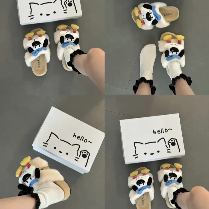 时尚爆款可爱卡通帕恰狗棉拖鞋2025秋冬新款外穿保暖加绒毛毛拖鞋