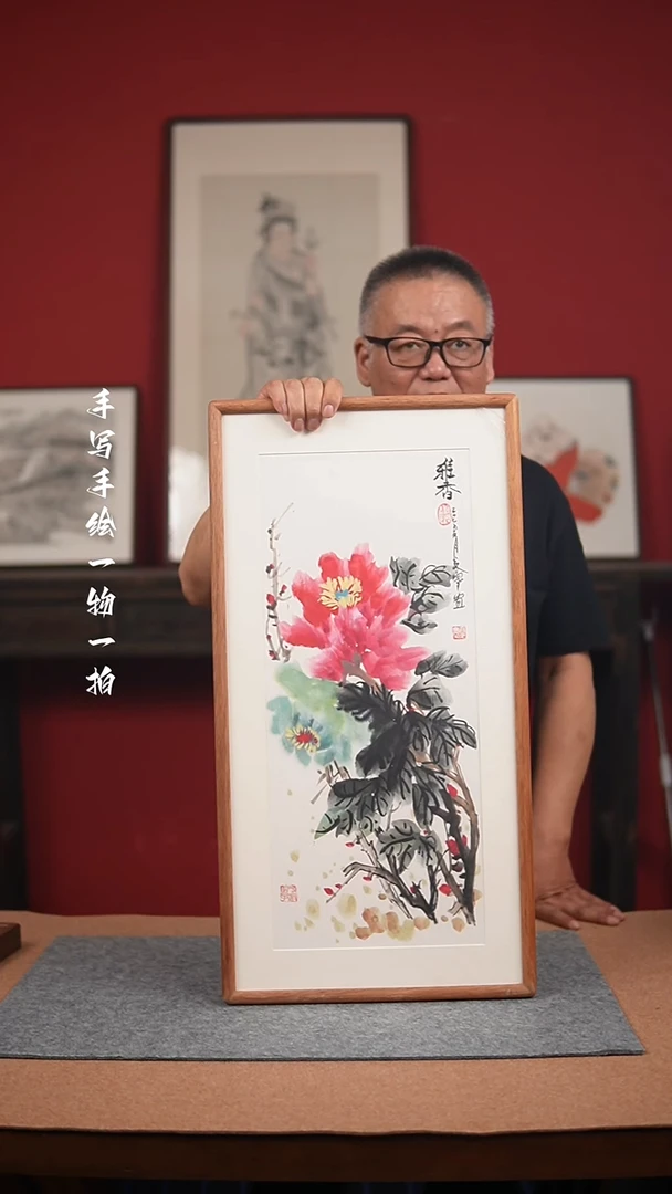 国画手绘-36*69实木框花鸟