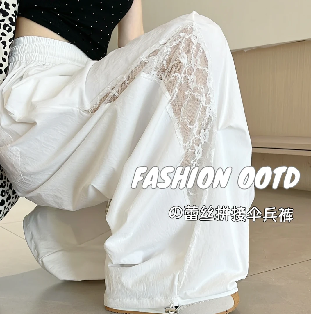 夏季薄款百搭蕾丝工装裤女2025新款镂空拼接宽松阔腿直筒裤子01