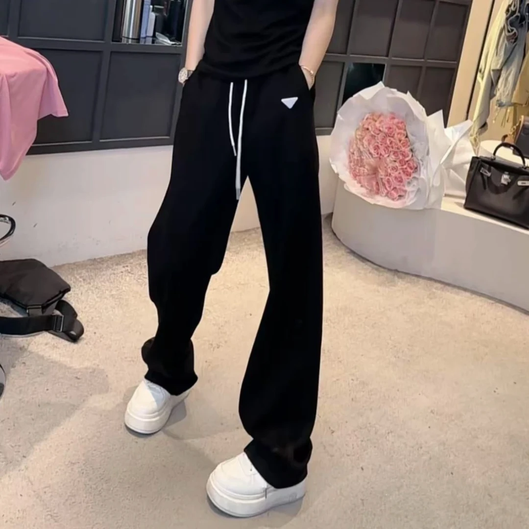 【沐沐】春季时尚休闲百搭纯色潮流显瘦洋气松紧腰抽绳女士直筒长裤