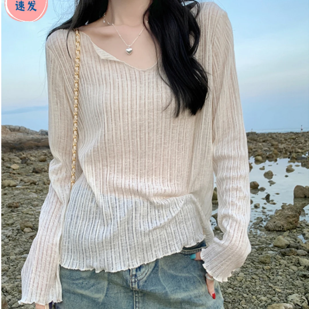 早春法式微透木耳边V领长袖女纯欲薄款防晒罩衫宽松T恤高级感上衣