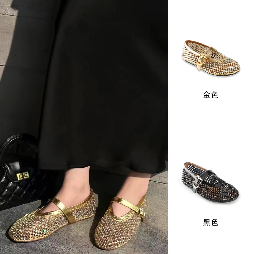 MANIKA GUAN 25春夏新款手工水晶钻扣玛丽珍气质镂空女鞋MK203171