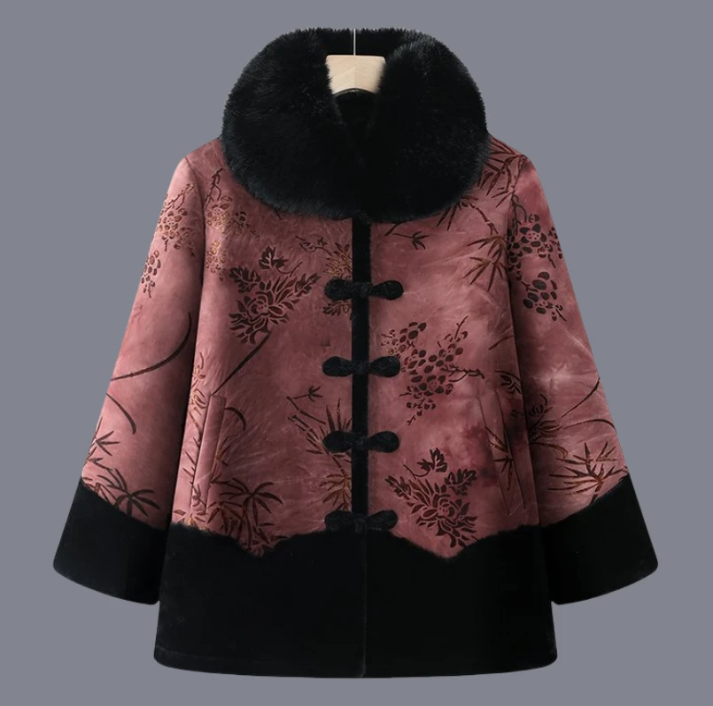 冬季加绒保暖中国风气质外套中老年女装老年人大码加厚毛领棉衣服