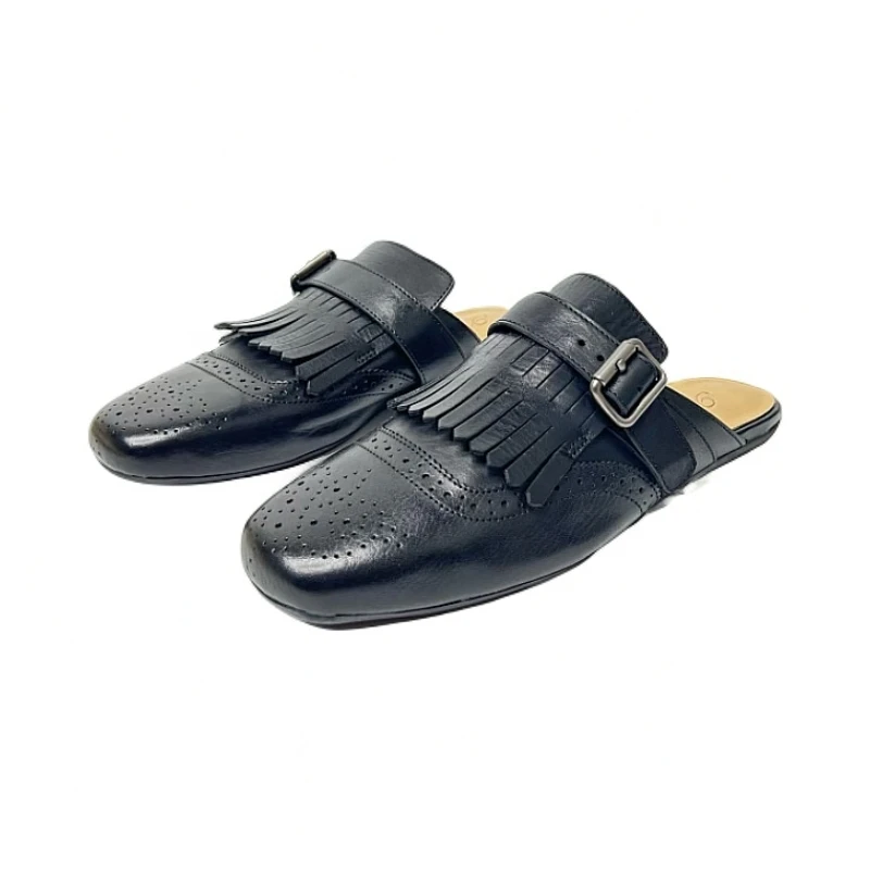 2025新款水洗马皮流苏穆勒鞋舒适平底包头休闲半拖鞋女夏外穿