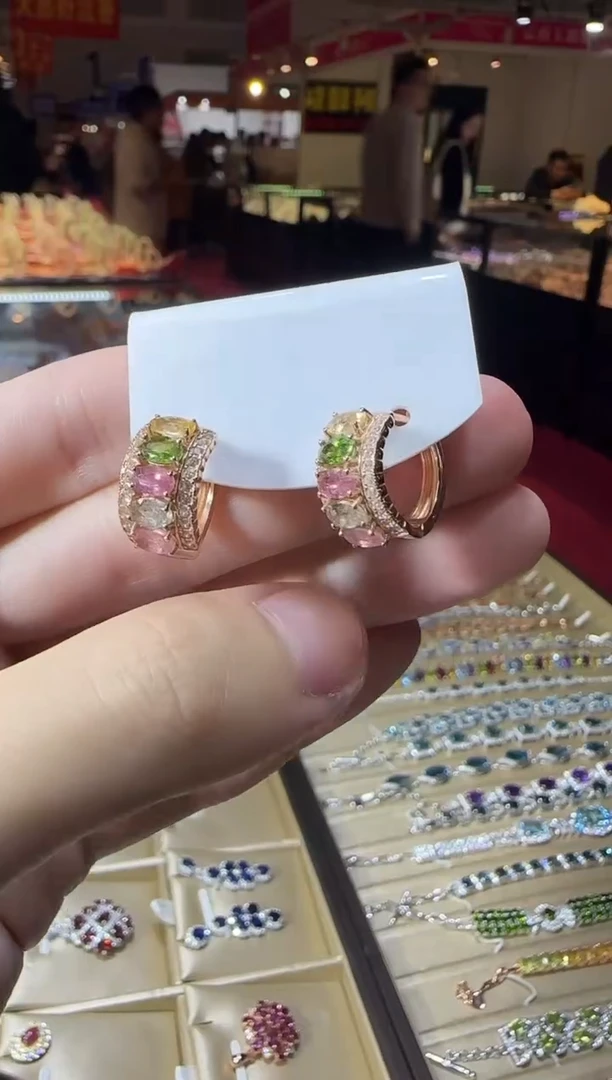 银S925镶嵌耳饰碧玺8mm耳扣款多样性发设计款