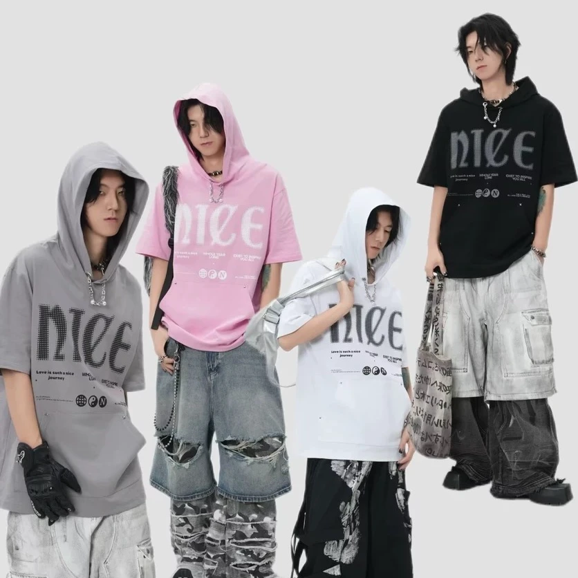 原创2025小众项链设计感连帽T恤印男款夏季美式廓形短袖上衣男女