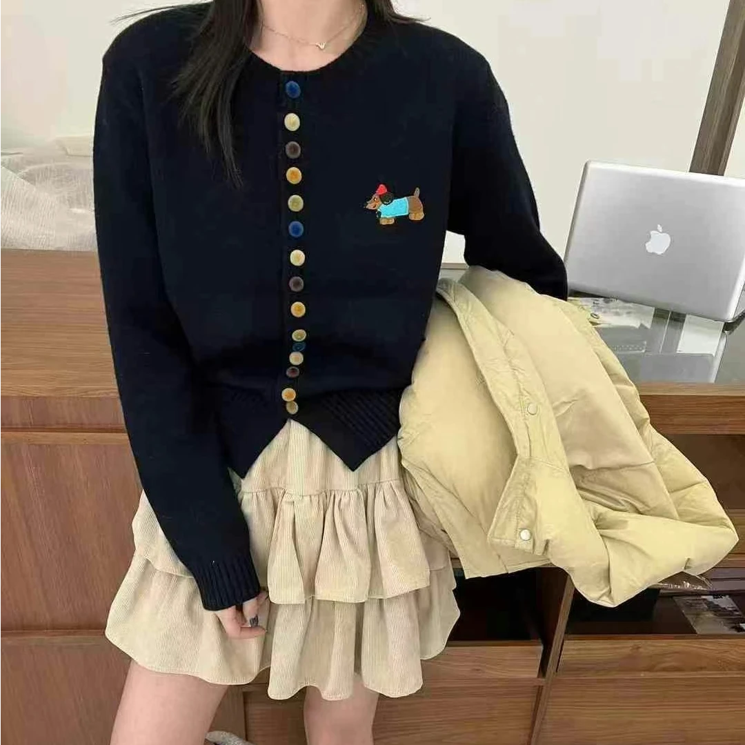 1656大码女装贴绣彩色扣针织开衫春新款长袖上衣减龄毛衣外套