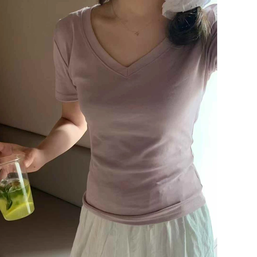 设计感正肩V领短袖显瘦夏季辣妹百搭上衣