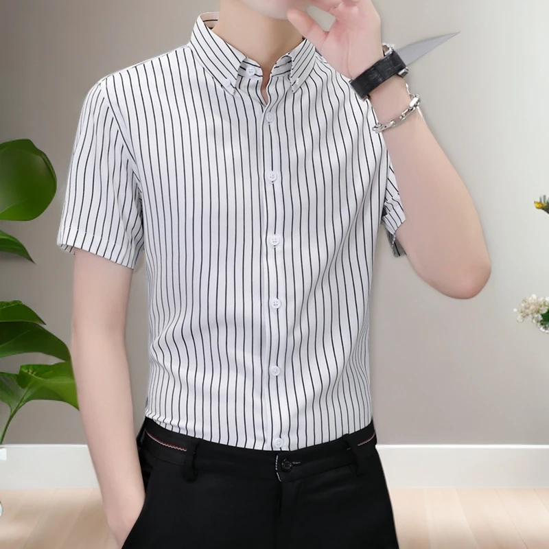潮牌短袖衬衫修身半袖条纹衬男夏季薄款衣服帅气商务休闲冰丝凉感