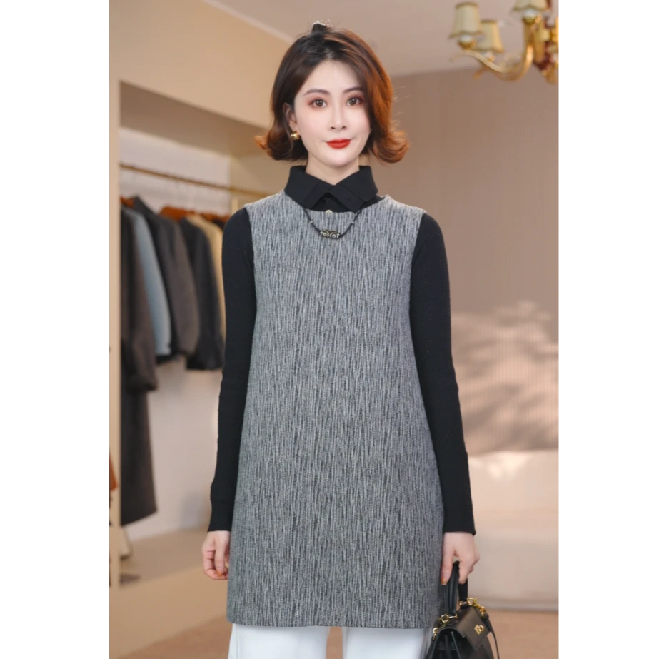 【熹垚】2025双面气质韩版宽松百搭圆领中长款休闲无袖裙子女25009