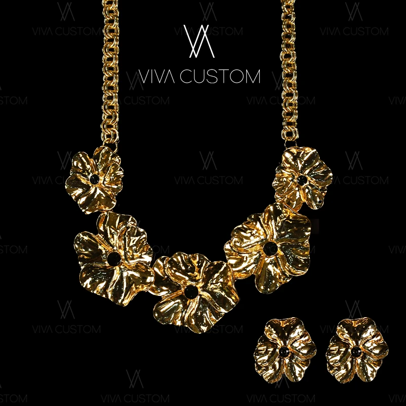 铜合金耳饰 （素金系列）个性夸张永生花套装