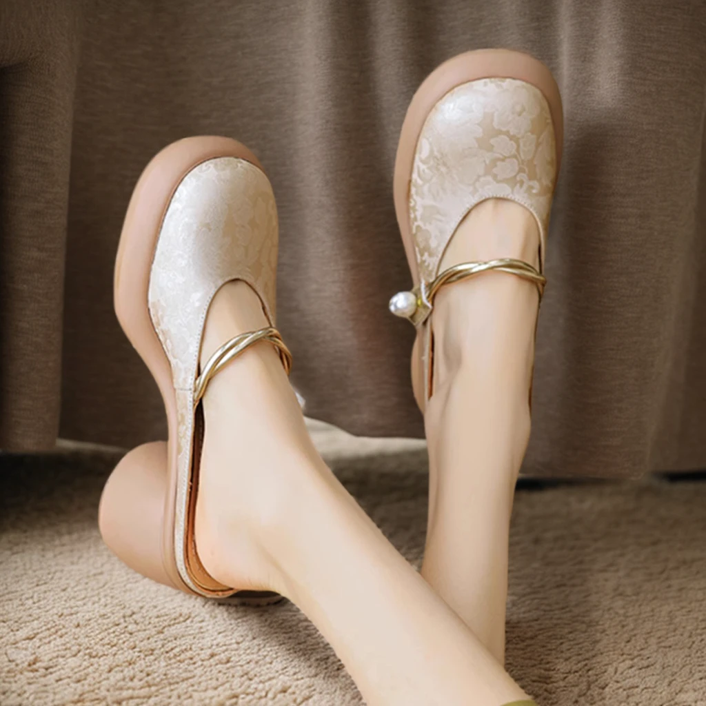 新中式国风鞋子粗跟高跟鞋时尚包头半拖鞋女夏季半托女鞋外穿凉拖