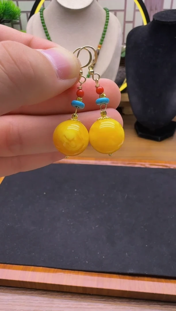 蜜蜡14K金镶嵌耳饰E208