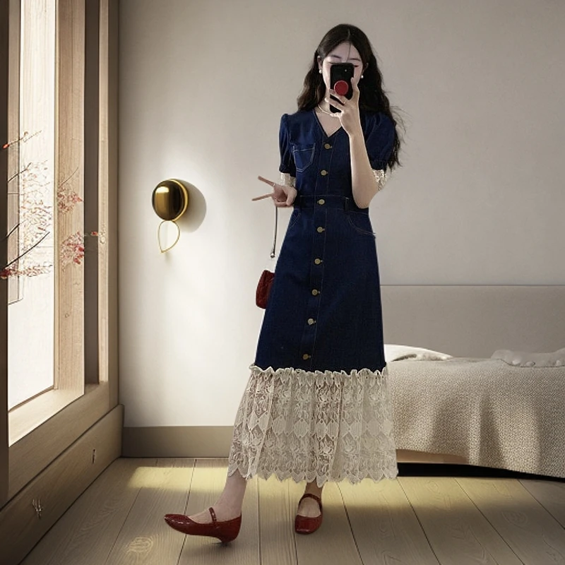 大码法式蕾丝拼接短袖牛仔连衣裙女夏季复古时尚胖MM遮肚显瘦裙子