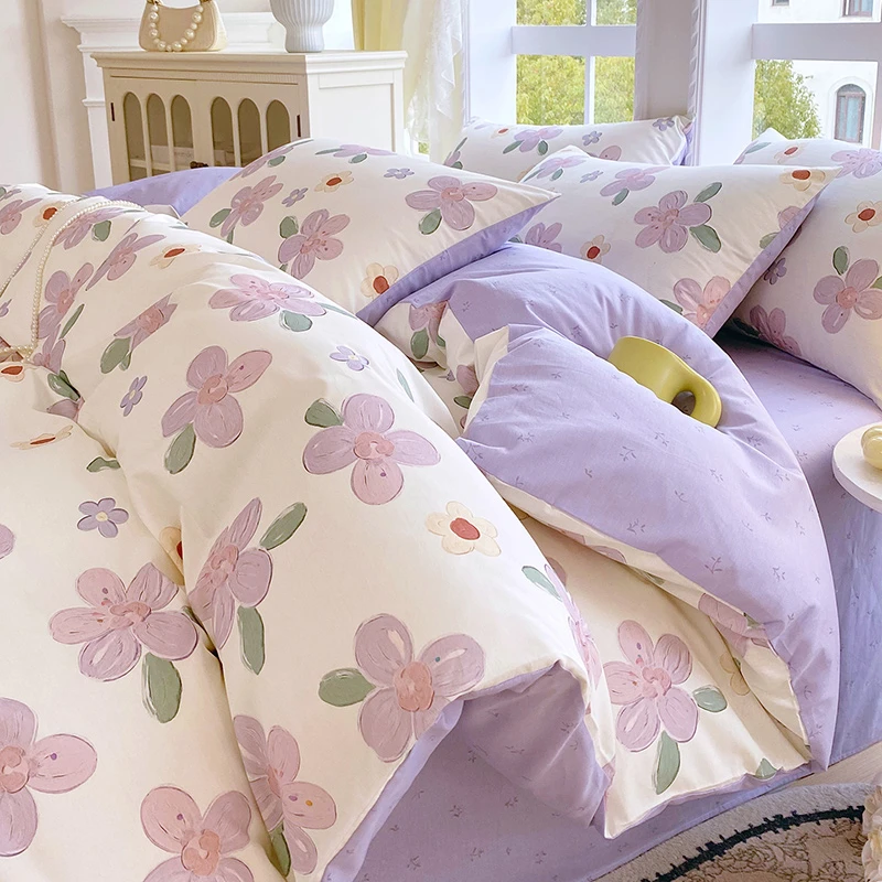 新款春夏全棉斜纹印花花卉小清新纯棉三件套四件套可水洗床品套件