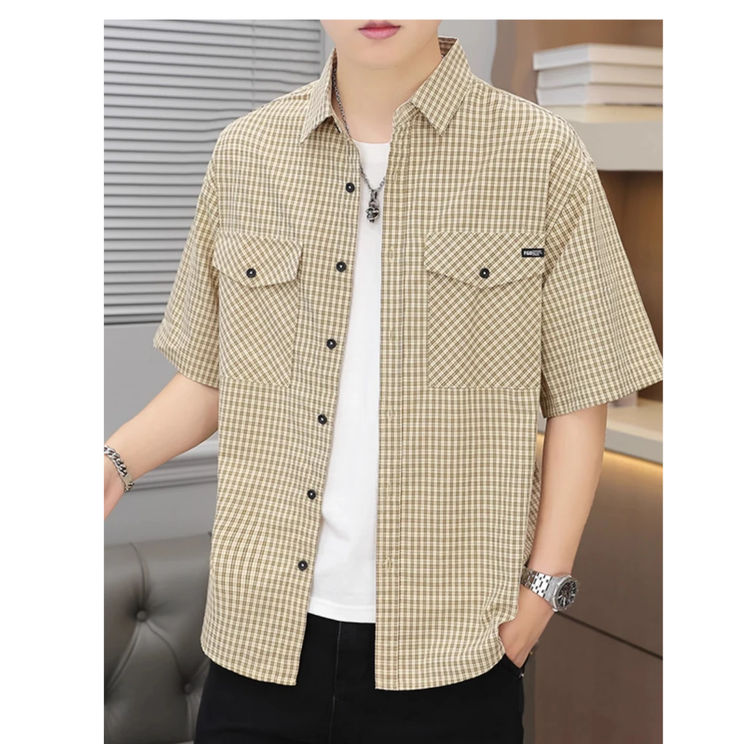 夏季薄款短袖衬衫男潮牌宽松休闲格子纯棉衬衣潮流百搭半袖上衣服