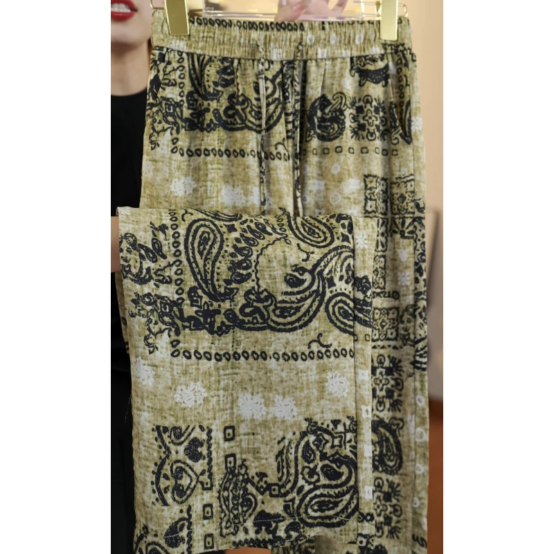 K01 老钱风复古印花休闲裤女2025夏季高腰宽松薄款阔腿裤子-宋宋