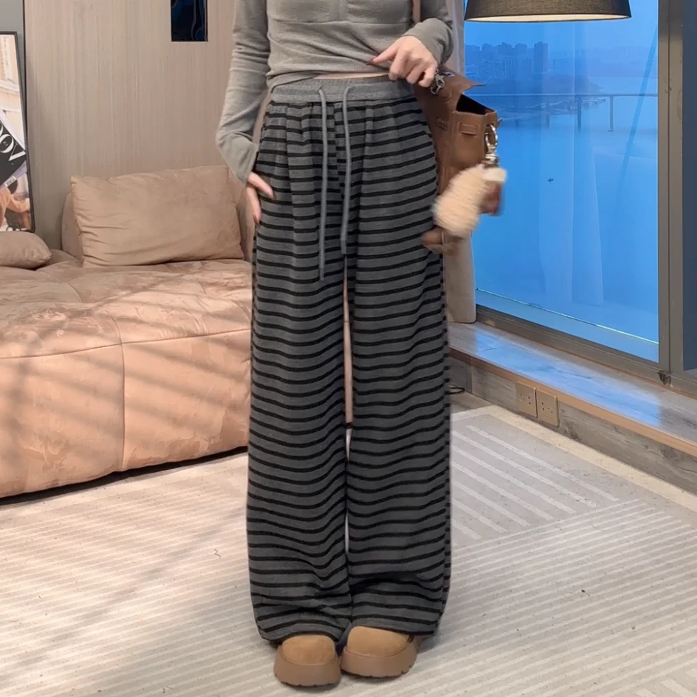 【静静衣橱】春季新款休闲条纹阔腿裤显瘦百搭松紧腰休闲长裤女6012