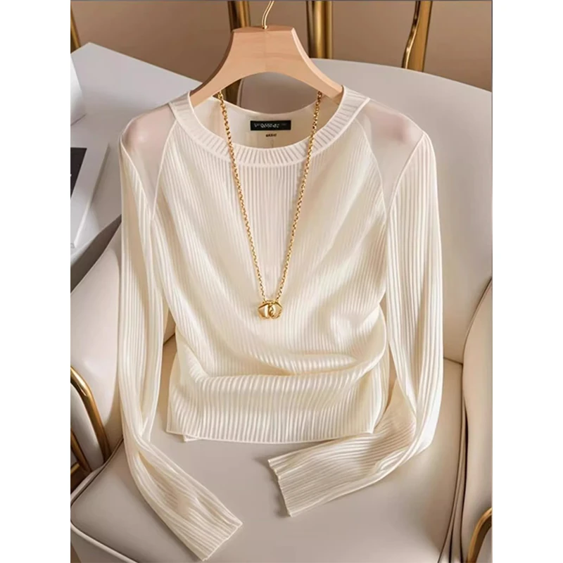 早秋2025新款杏色长袖t恤女夏独特别致超好看法式高级感气质上衣