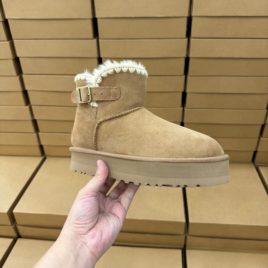 [顺丰包邮]桑坡厚底毛线皮带扣雪地靴羊皮毛一体懒人一脚蹬便靴冬