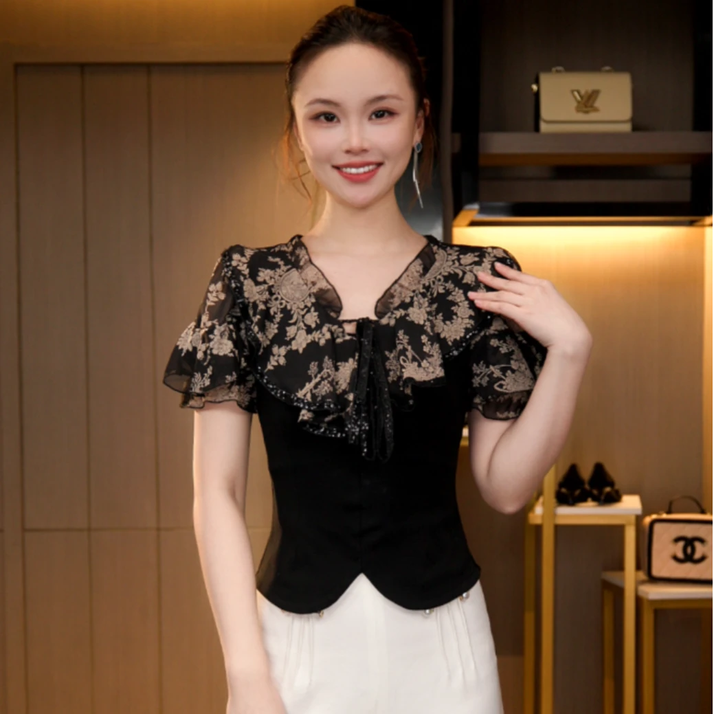 L4X1709 法式短袖显瘦气质棉T恤上衣