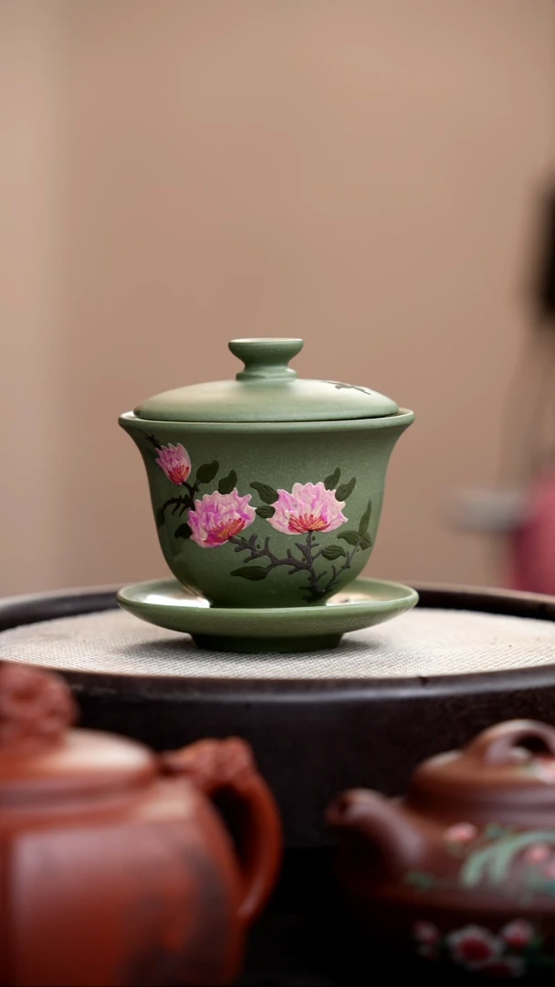 茶壶紫砂豆青砂三才盖碗泥绘双花004