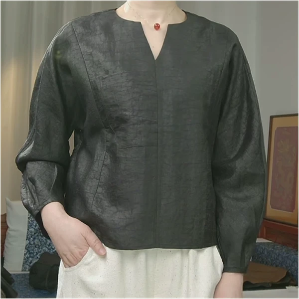 品叔&高定·桑蚕丝电力纺莨绸香云纱V领设计上衣