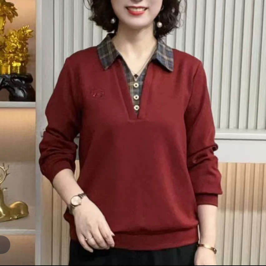 【新款福利】时尚撞色格子翻领徳绒打底衫长袖气质优雅宽松舒适