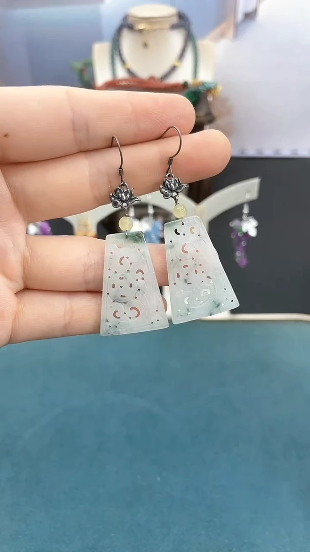银S925镶嵌翡翠耳饰小花铜钱镂空