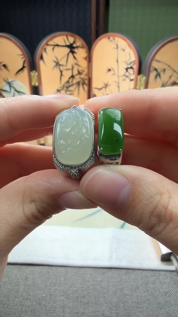 银S925镶嵌戒指和田玉和田玉戒指（活扣）多样性发其一
