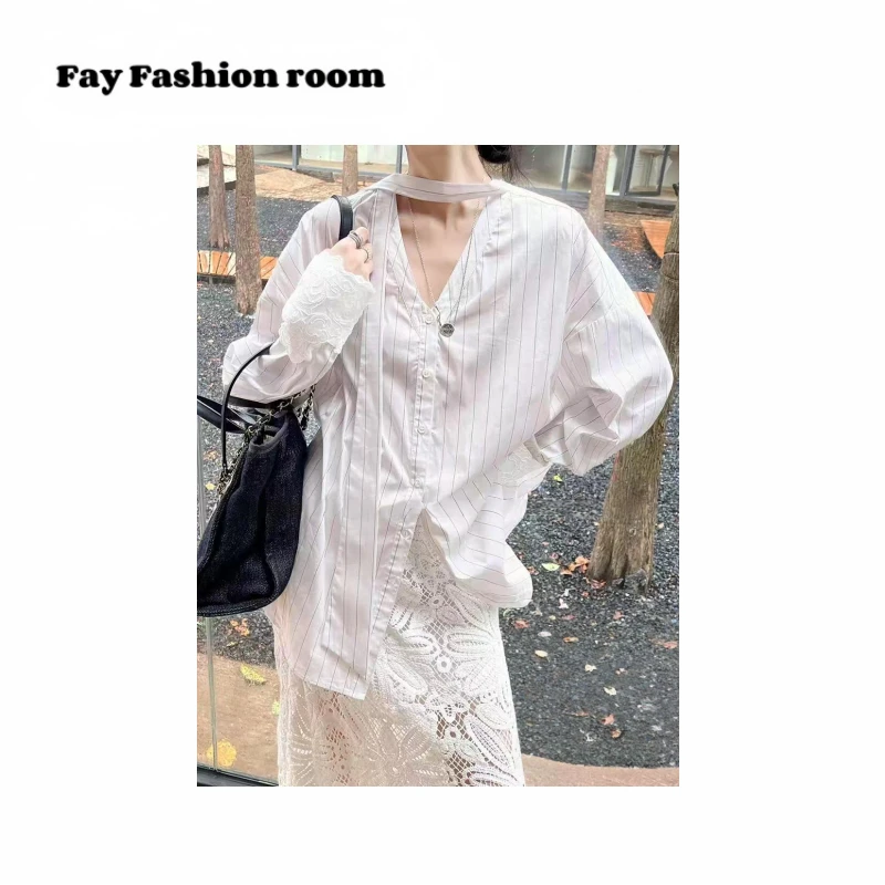 FAY | 高智感OL风 V领飘带条纹衬衫