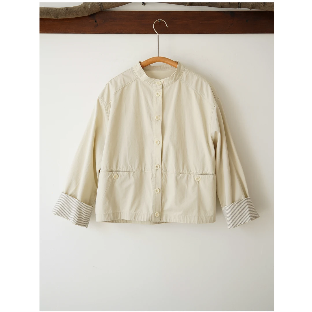 100棉 文艺风米色中山领夹克外套