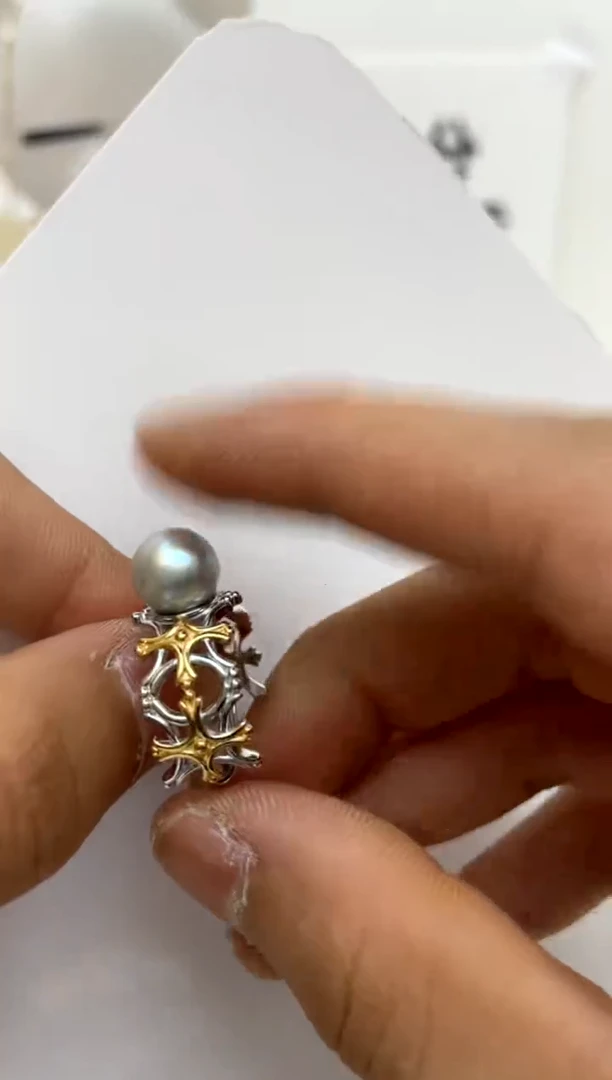 银S925镶嵌戒指海水珍珠8-9