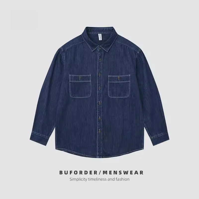 春秋男士牛仔长袖衬衫复古休闲经典水洗棉双口袋衬衣翻领时尚上衣