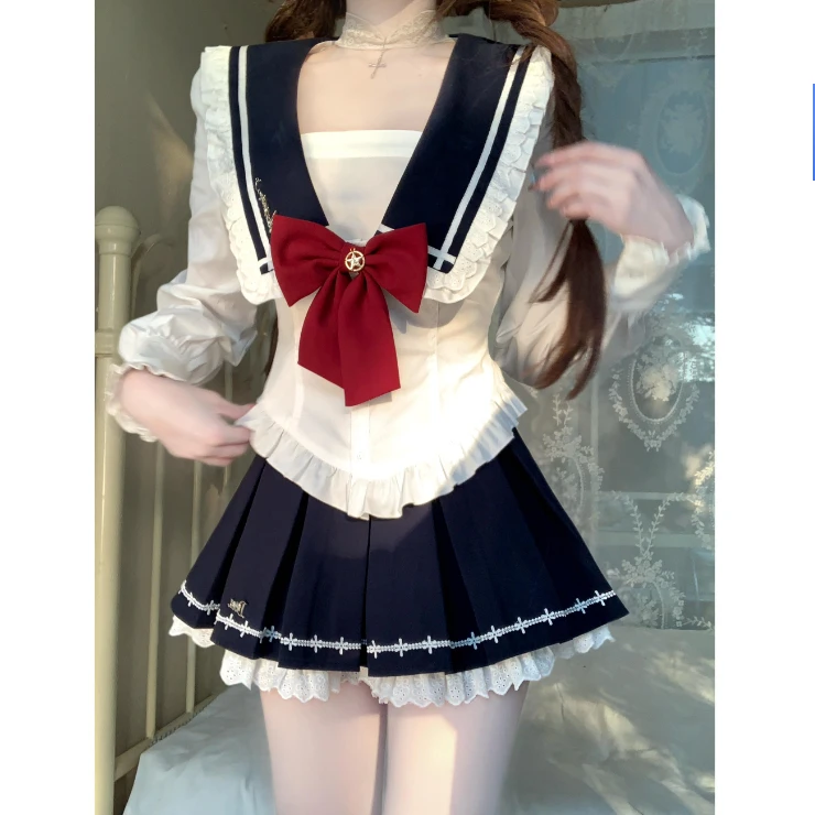 美少女战士 秋季学院风小众海军领上衣短裙时尚套装蕾丝jk甜美