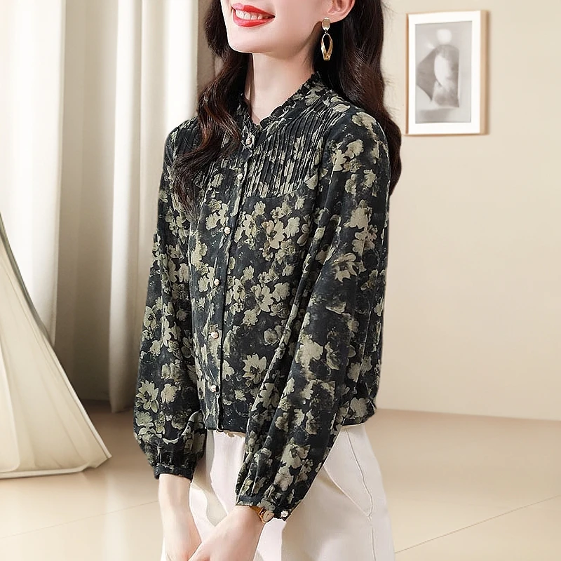 复古印花气质真丝衬衫女长袖2025春新款洋气木耳边桑蚕丝上衣