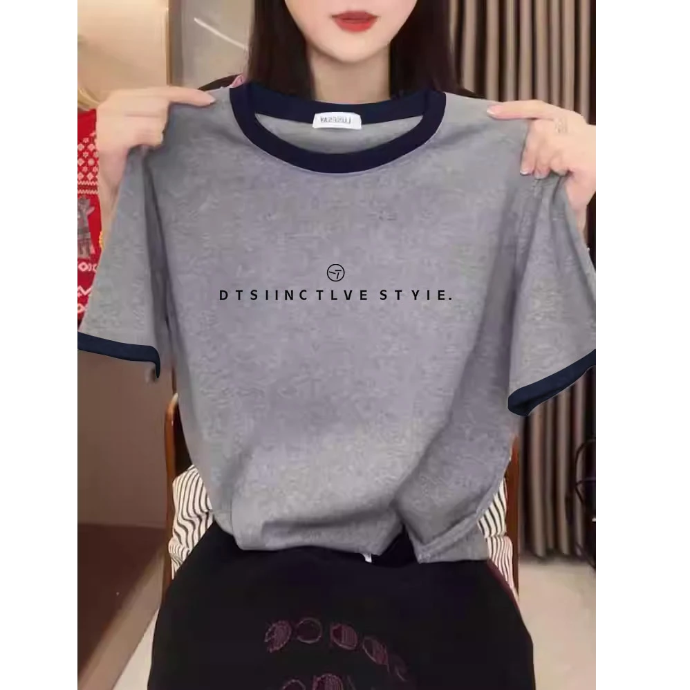 2025夏季新款正肩撞色纯棉短袖t恤女装时尚百搭洋气灰色上衣夏季