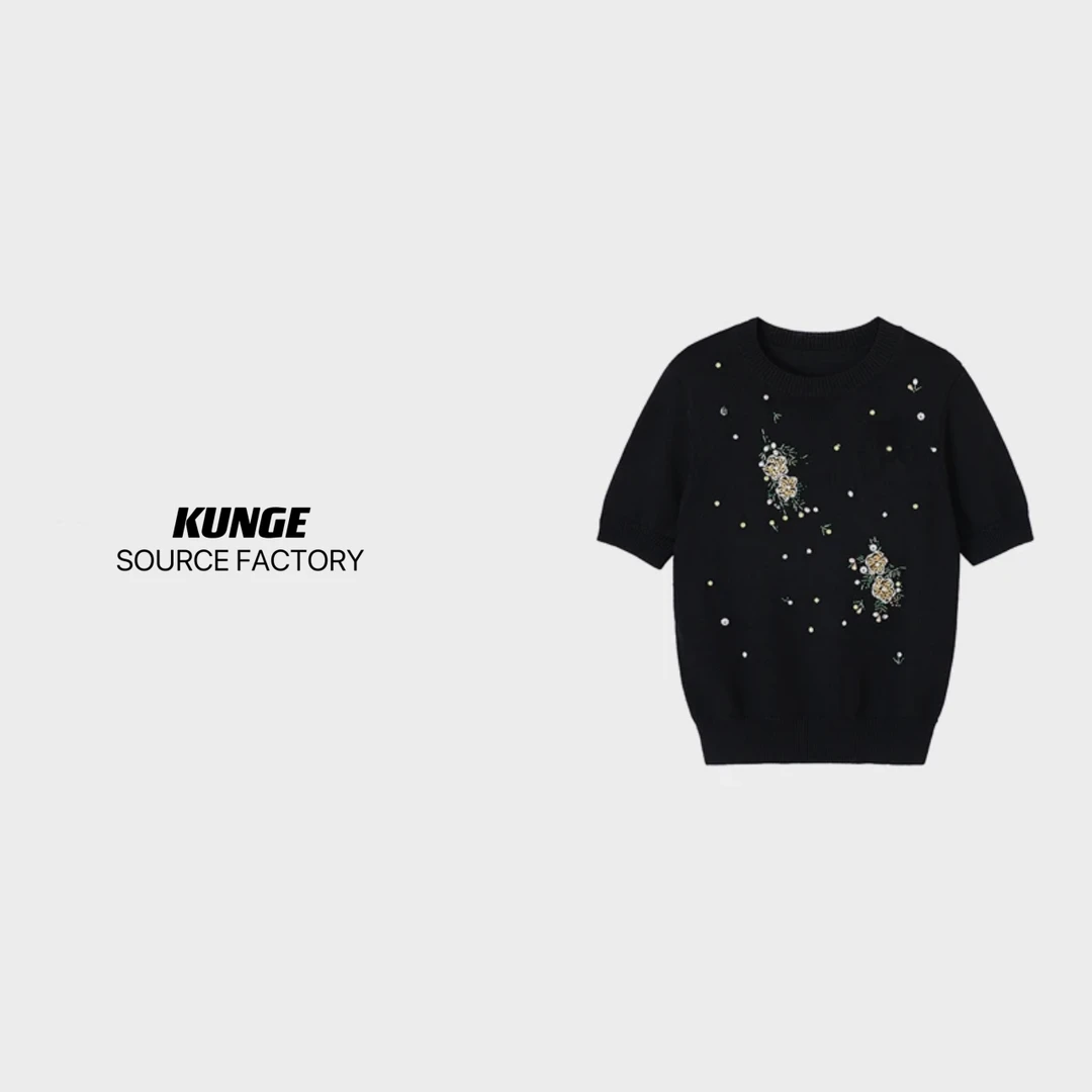 KUNGE-轻奢时尚百搭圆领针织衫设计师套头黑色宽松绣花上衣-5675