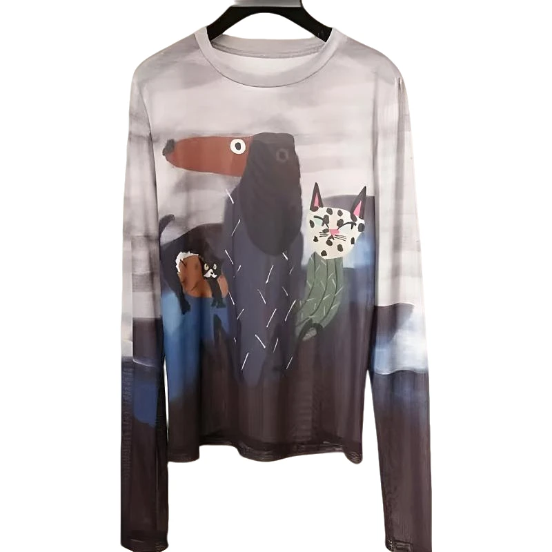 透气舒适百搭撞色圆领白色T恤宽松时尚印花秋季长袖打底衫9811