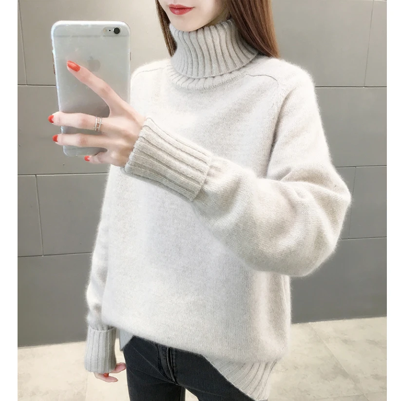 2277【两翻领纯色翻袖打底衫】秋冬女士宽松韩版加厚针织毛衣