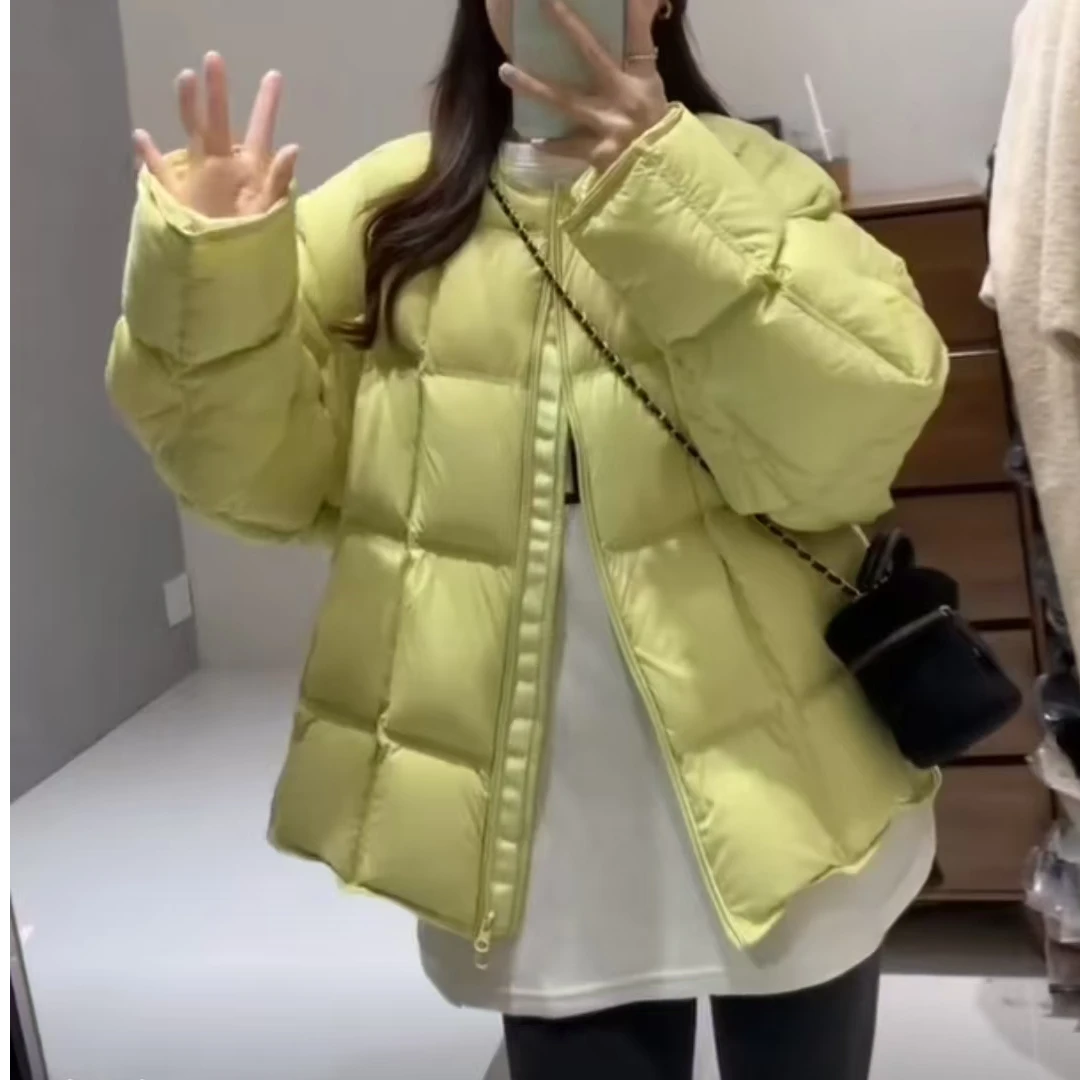 娟儿加糖果色圆领小方格加厚宽松棉衣