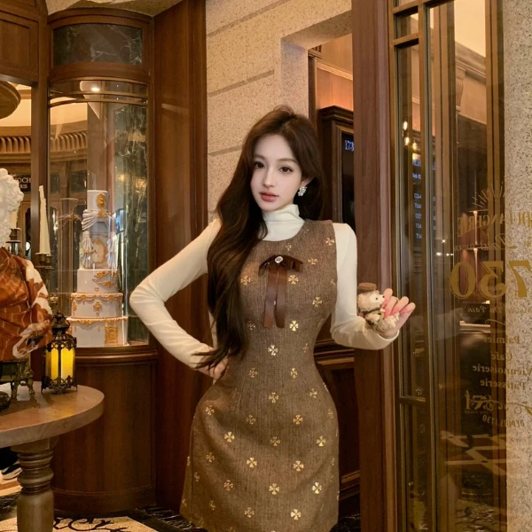 法式复古小香风2025秋高级感气质名媛打底衣背心千金连衣裙两件套